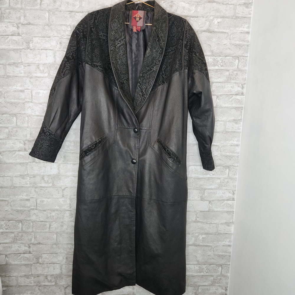 G-III Leather Trench Coat Paisley Embossed 80s Vintage Western Duster L